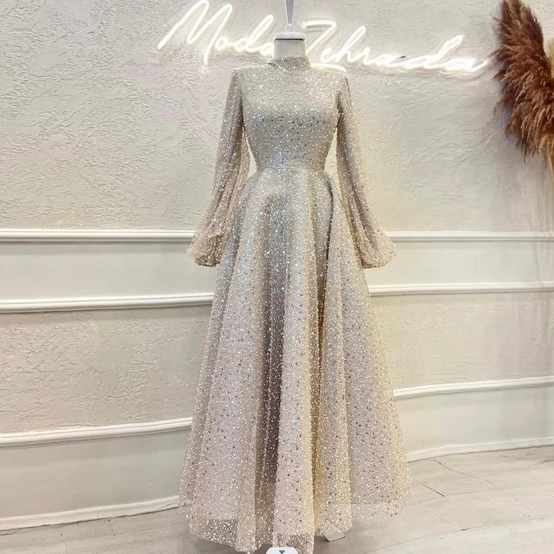 

Sparkling Beading Lace A-Line Prom Dresses Long Sleeves Evening Gowns High Neck Robes De Soirée Ankle-Length Formal Party Gowns