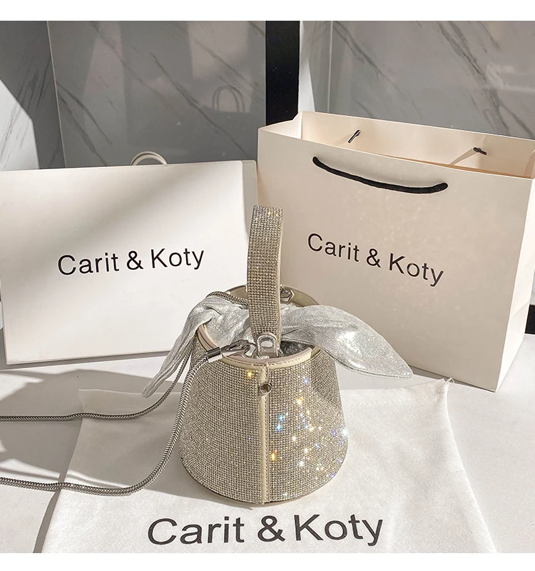 Crystal Shiny Full Rhinestones Diamond Bucket Bag Women's Fashion Handbag Evening Clutch Purse Bling Bag Shoulder Messenger Bag