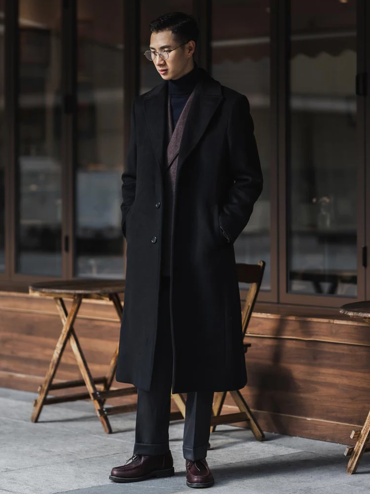 Mauroicardi Autumn Winter Long Warm Black Trench Coat Men Single Breasted Luxury Wool Blends Overcoat 2022 High Quality Clothing