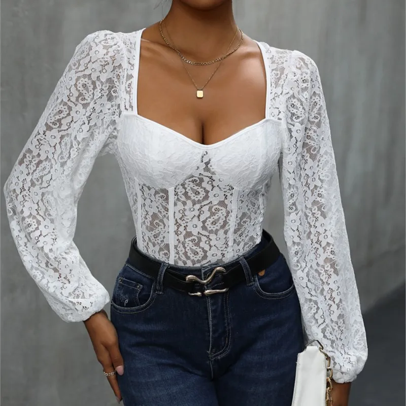 Кружевной белый комбинезон с длинными рукавами из полиэстера