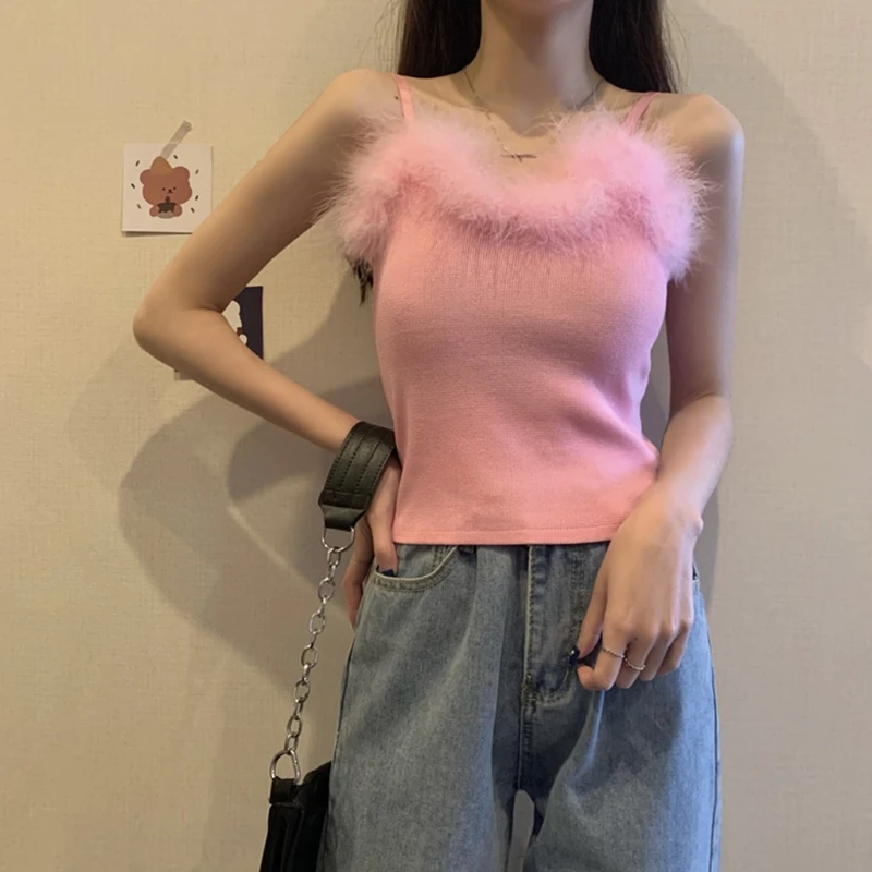 Женская пикантная кофта из искусственного меха с отделкой перьев вязаный тонкий