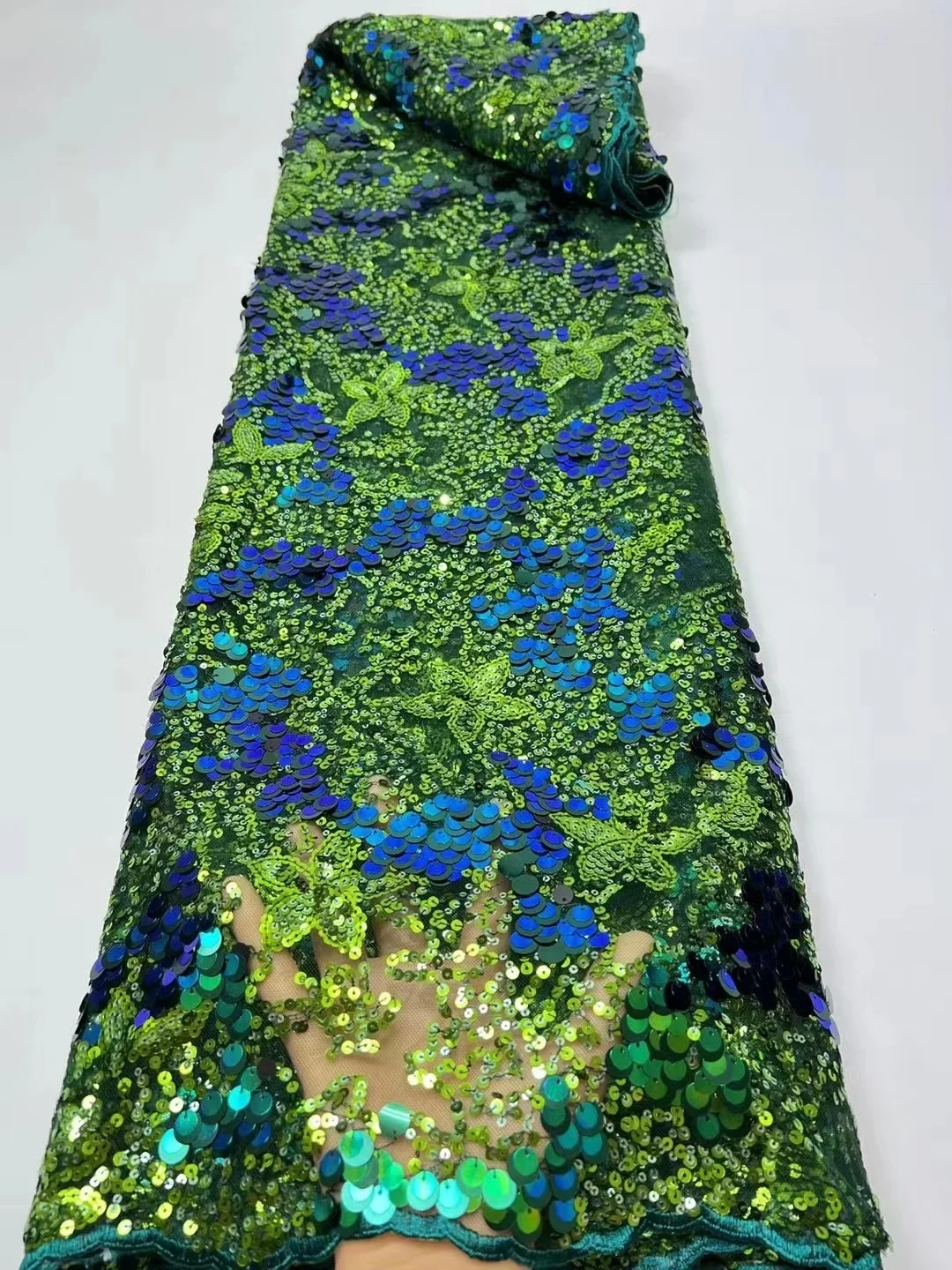 

Green African Lace Fabric With 3D Sequins French Flocking Mesh Lace Fabric Embroidery Tulle Wedding Party Dress Material Sew