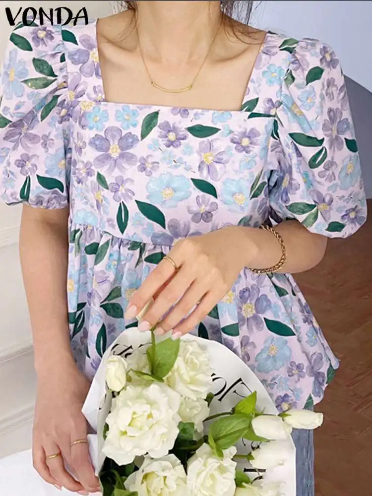 

VONDA Y2K Women Summer Casual Square Collar Cotton Blouse Shirt Tops Femme Short Puff Sleeve Street Blusa Floral Printed Chemise