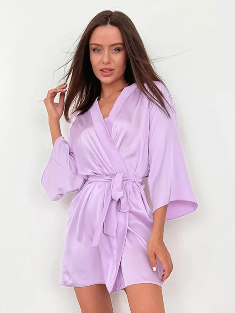 

Hiloc Purple Satin Robe Three Quarter Sleeve Sexy Sleepwear Women Robes With Sash Bathrobe Woman Night Dresses 2023 Spring