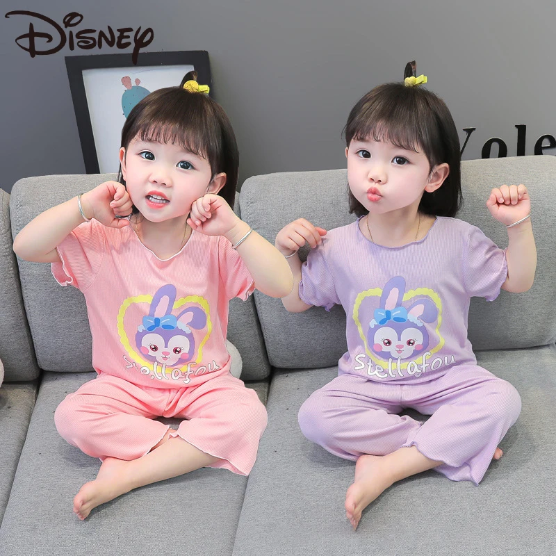 

Disney Stellalou Cartoon Children's Pajamas Set Summer Thin Ice Silk Girls Short-Sleeved Sleepwear Soft Cool Indoor Home Clothes