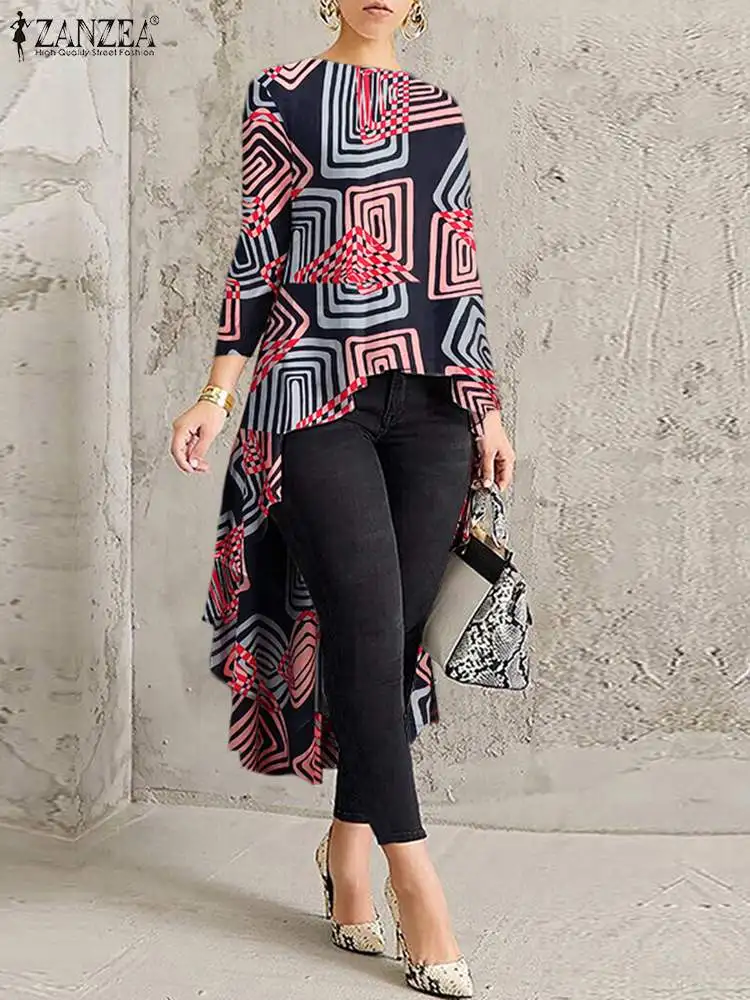 

ZANZEA Summer Bohemian Floral Printed Blouse Women Long Sleeve Asymmetrical Shirt Irregular Hem Blusas Casual Holiday Long Tops