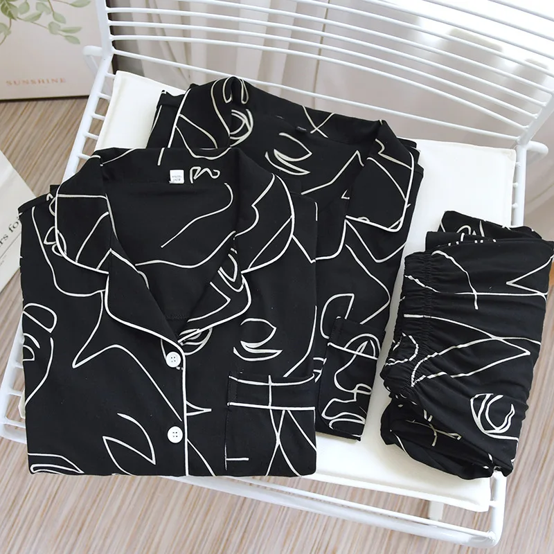 Cotton Loose Pajama Set Women Long Sleeve Nightwear Autumn Turn-down Collar Printing Pajamas Men Loungewear Sleepwear Black