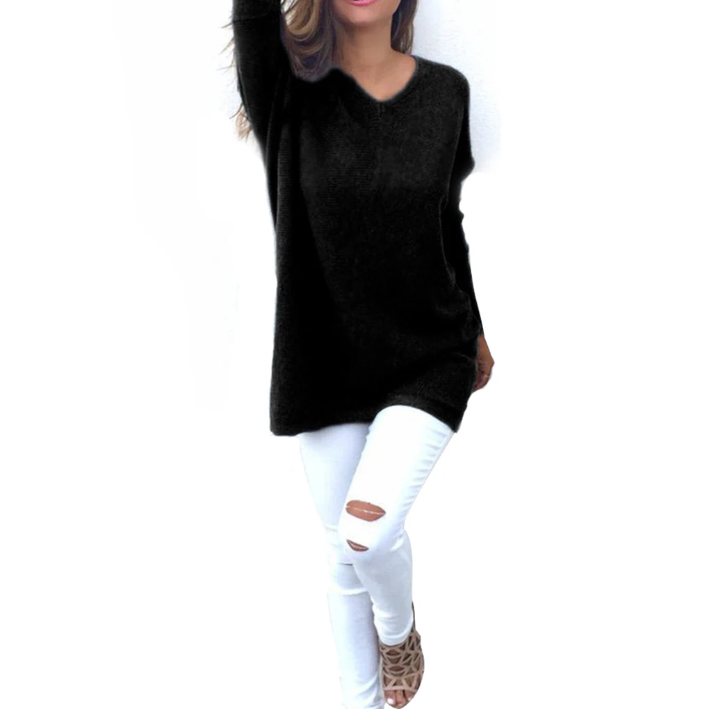 

V-neck Sweater Long-sleeve Pullovers Winter Tops Loose Blouse for Women