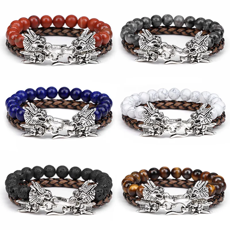 Dragon Bracelet 2Pcs/Set Chinese Fengshui Natural Stone Beads Bracelets For Men Lether Wristband Brave Wealth Good Luck Jewelry