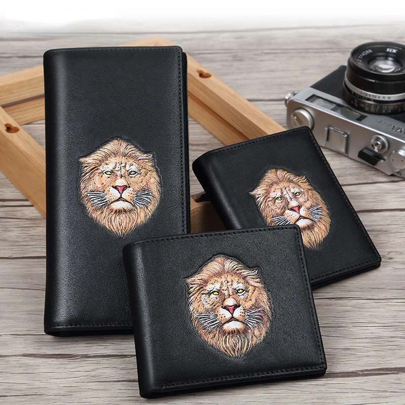 New hand-painted men's first layer cowhide youth wallet 3D three-dimensional cool lion men's wallet wallet luxury Coin purses