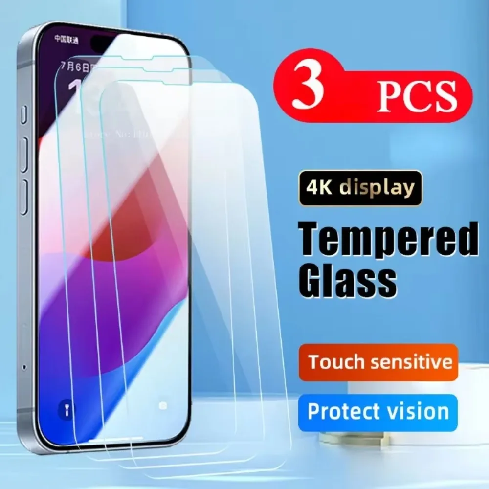 3 шт. стеклянная защитная пленка для смартфона iphone 16 15 14 Plus экрана телефона 13 Pro 12 11