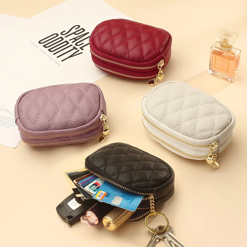 Double Zippers Popular Small Key Coin Money Bag Wallet Genuine Leather Women Card Coin Key Holder Change Pouch Purse Mini Pocket