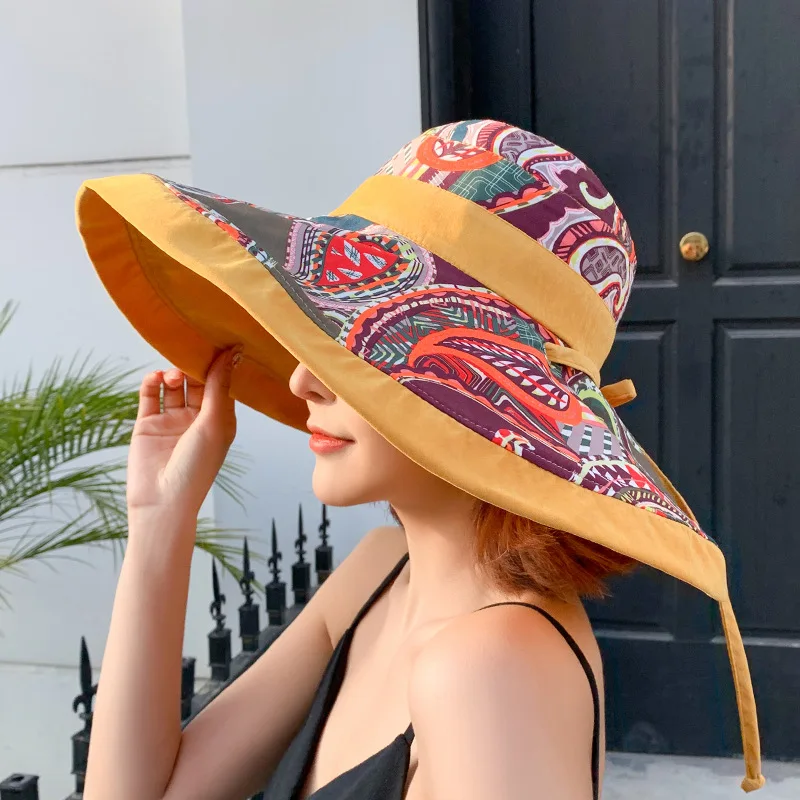 

New Hat Double Sided National Style Big Brim Hat Women's Cotton Sunscreen Fisherman's Hat Outdoor Sunshade Hat Wholesale
