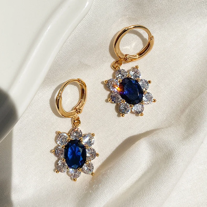 

Elegant Royal Blue Zircon Sunflower Earring for Women Korean Style Light Luxury Classic Personalized Earrings Party Jewelry Gift