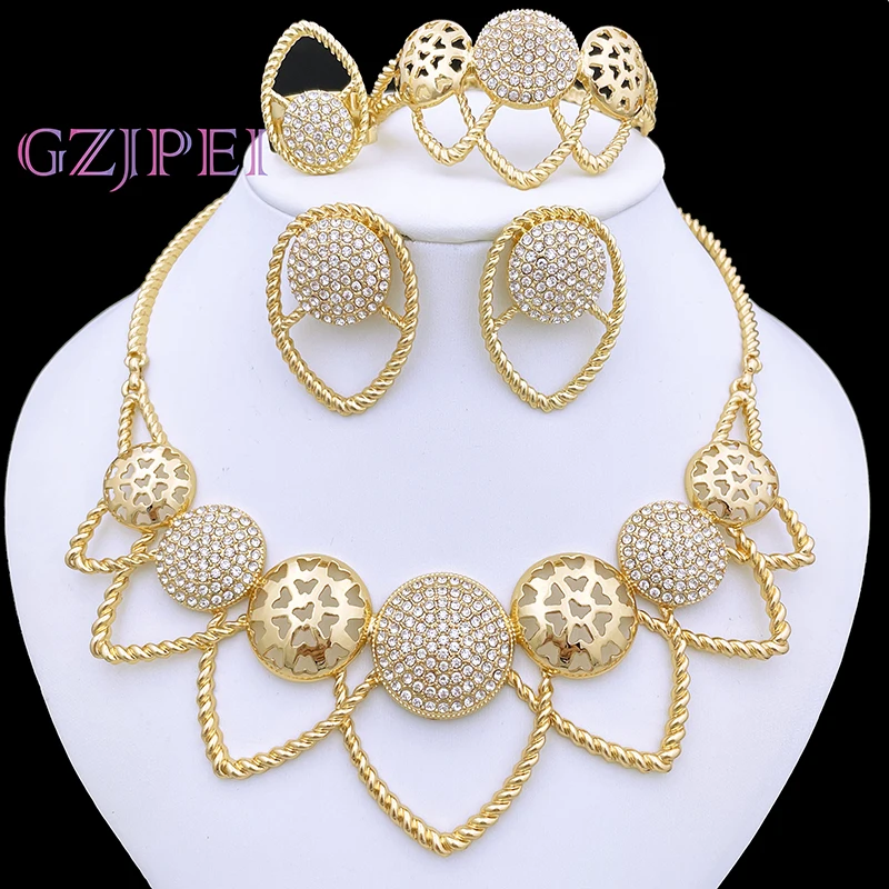 

Dubai Gold Color Jewelry Set For Women Rhinestone Jewelry Necklace Sets ensemble de bijoux en plaqué or italien