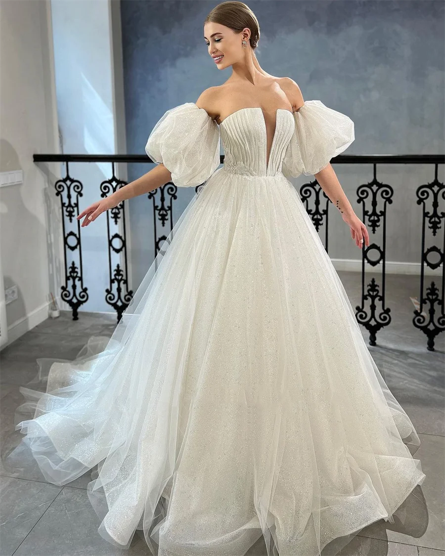 

Bling Glistening A-line Wedding Dress with Deep V-Neck and Detachable Sleeves Modern Corset Back Bride Dresses Robe de Soiree
