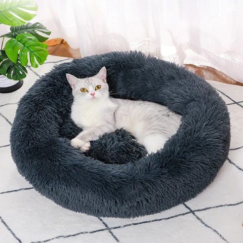 Теплая плюшевая круглая кровать для домашних животных, товары для домашних кошек и собак, машинная стирка и съемный маленький спальный мешок для домашних животных