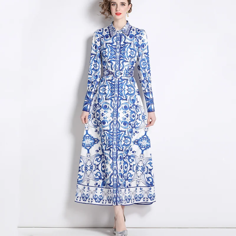 

Lantern Long High Waist A-Line Printed Dress Spring And Autumn Single Breasted Turn Down Collar Slim Fashion Women Vestidos