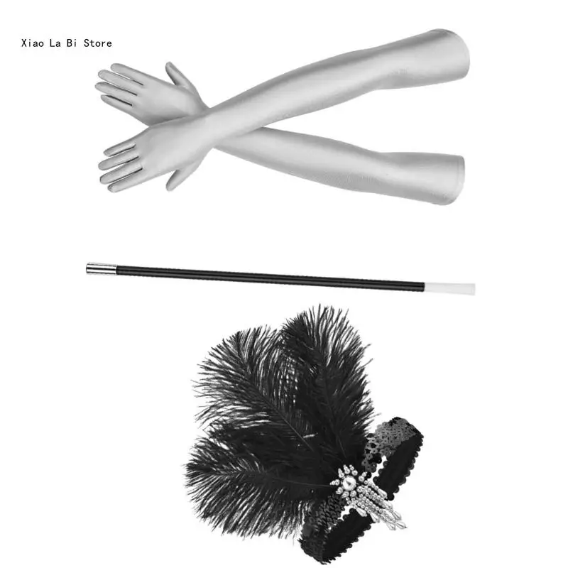 

Vintage 1920s Flapper Gatsby Women Costume Accessories Gloves Feathers Headband XXFD