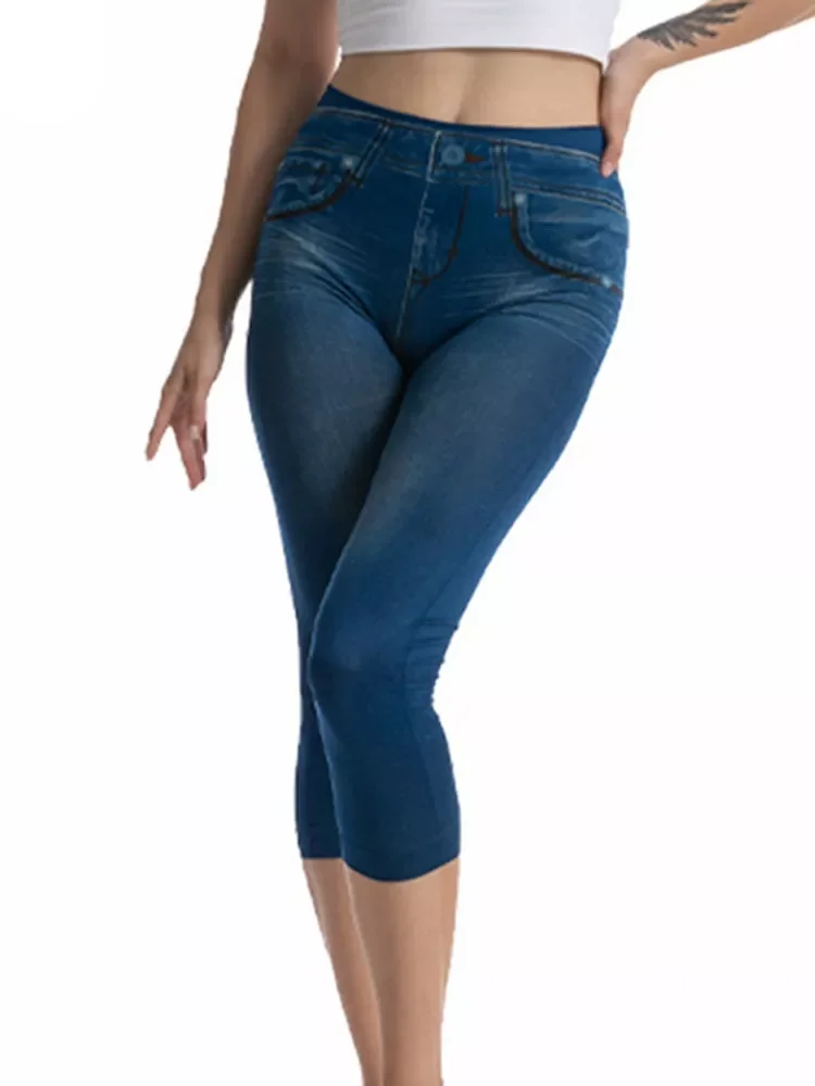 

NEW 2023 Faux Jeans Fake Pockets Workout Capris Sport Leggins Women Push Up Legging Gym Yoga Pants Stretchy High Waist Gray Blue