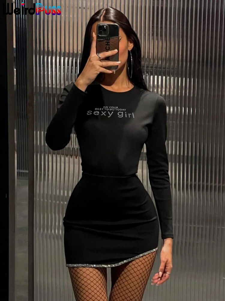 

Weird Puss Rhinestones Print Women Dress Autumn Trend Irregular Long Sleeve o-Neck Skinny Bodycon Streetwear Casual Slim Clothes