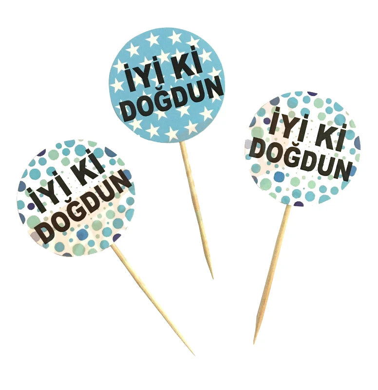 

Blue Color İyiki Happy Birthday Printed Star Round Pattern Toothpick Ornament 20 PCs