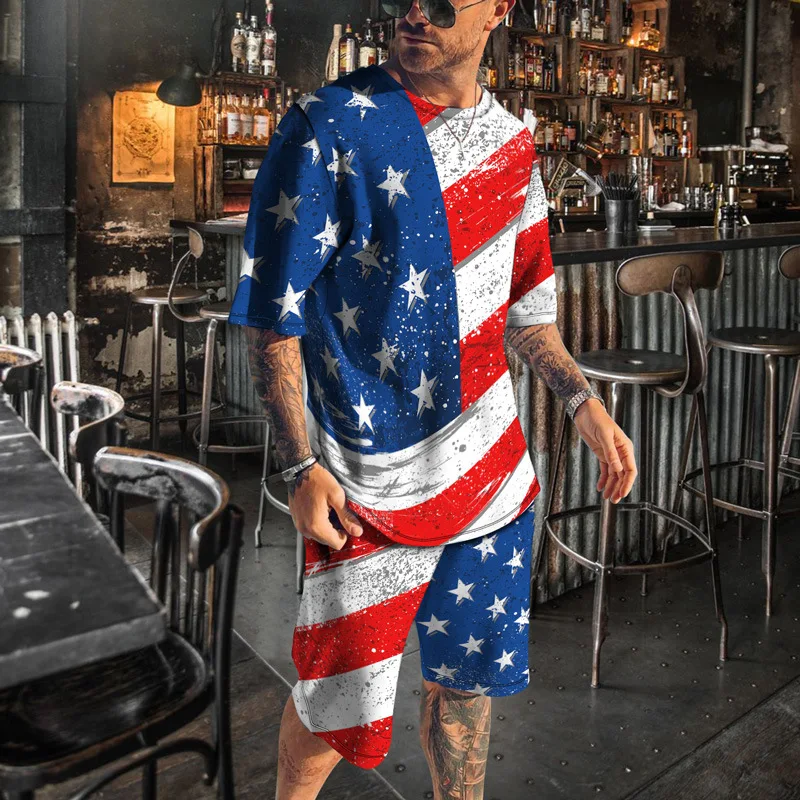 Tracksuit Outfit Summer Man U.S. Route 66 Print Hawaii Short Sleeve   T-Shirt 2-Piece Oversized  Jogger Suit Short Pant Set