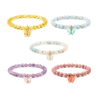 5pcs natural amethysts quartzs stone round beads reiki healing stretch bracelet glitter butterfly charm bracelets for girl women