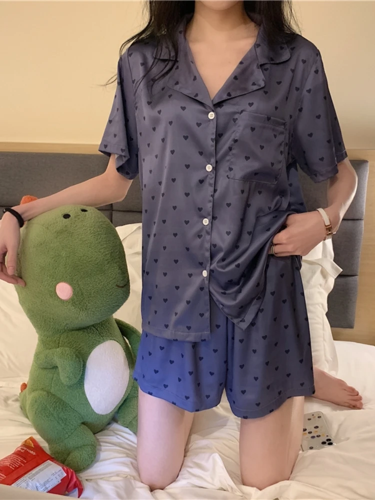 2 Piece Women Sleepwear Set Spring Summer New Short Sleeve Pajamas for Woman Silk Fashion Sleepwear Heart Print Sexy Pajama Set