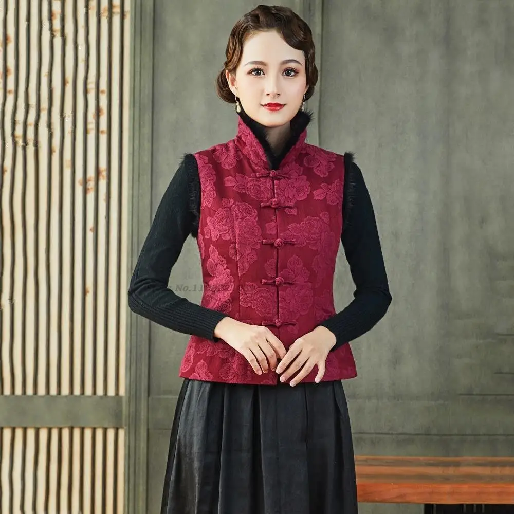 

2022 women chinese style cheongsam vest retro print qipao tops lady elegant waistcoats hanfu tang suit coat oriental clothing