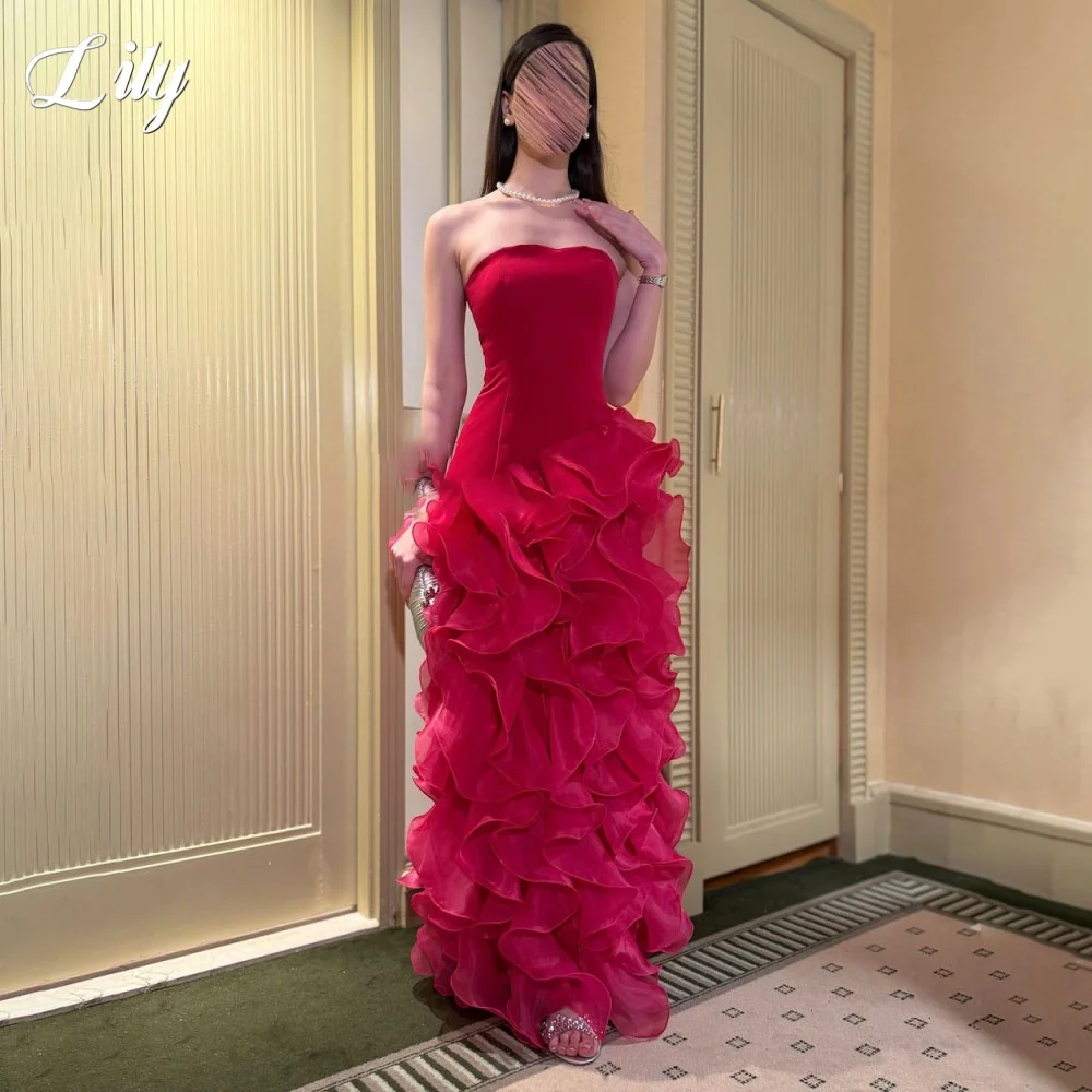 Фото Lily Red Tull Party Dress Вечерние платья без бретелек Многоуровневые рюши без рукавов فساتين السهرة со складками по индивидуальному заказу №1