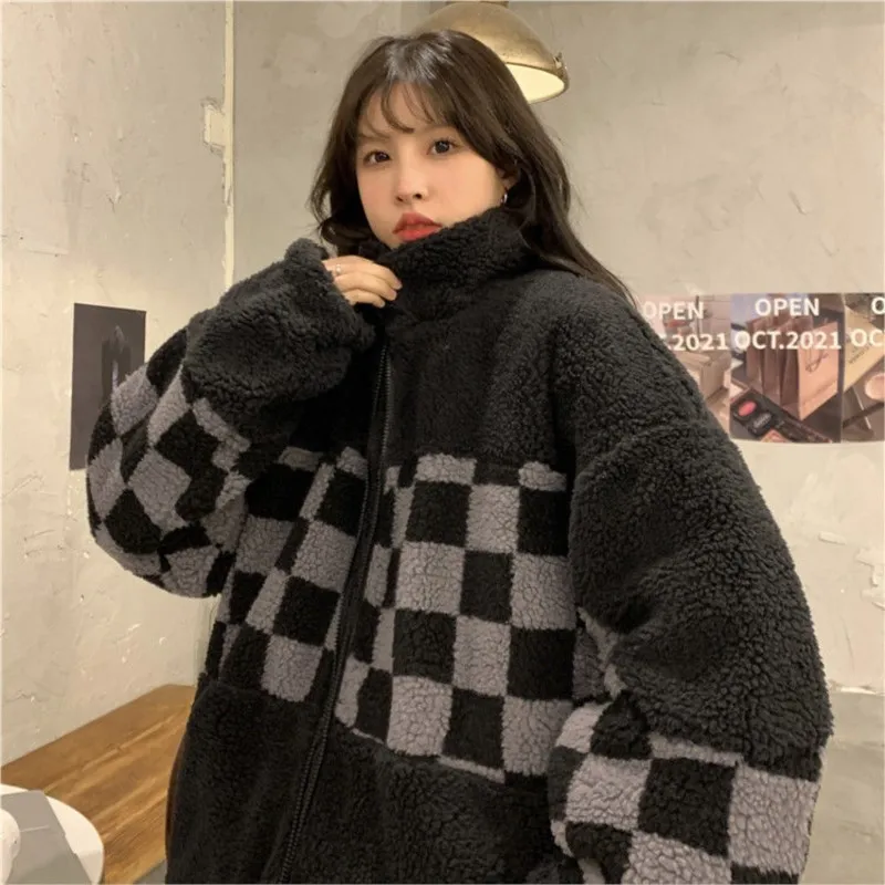 

Checkerboard Check Retro Padded Thickened Loose Faux Lambswool Jacket