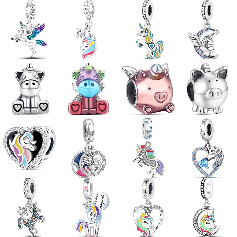 

925 Стерлинговое серебро красочный Летающий Волшебный Единорог свинка Радуга блестящий кулон бисер Подходит для оригинального Pandora Шарм-браслета DIY ювелирные изделия