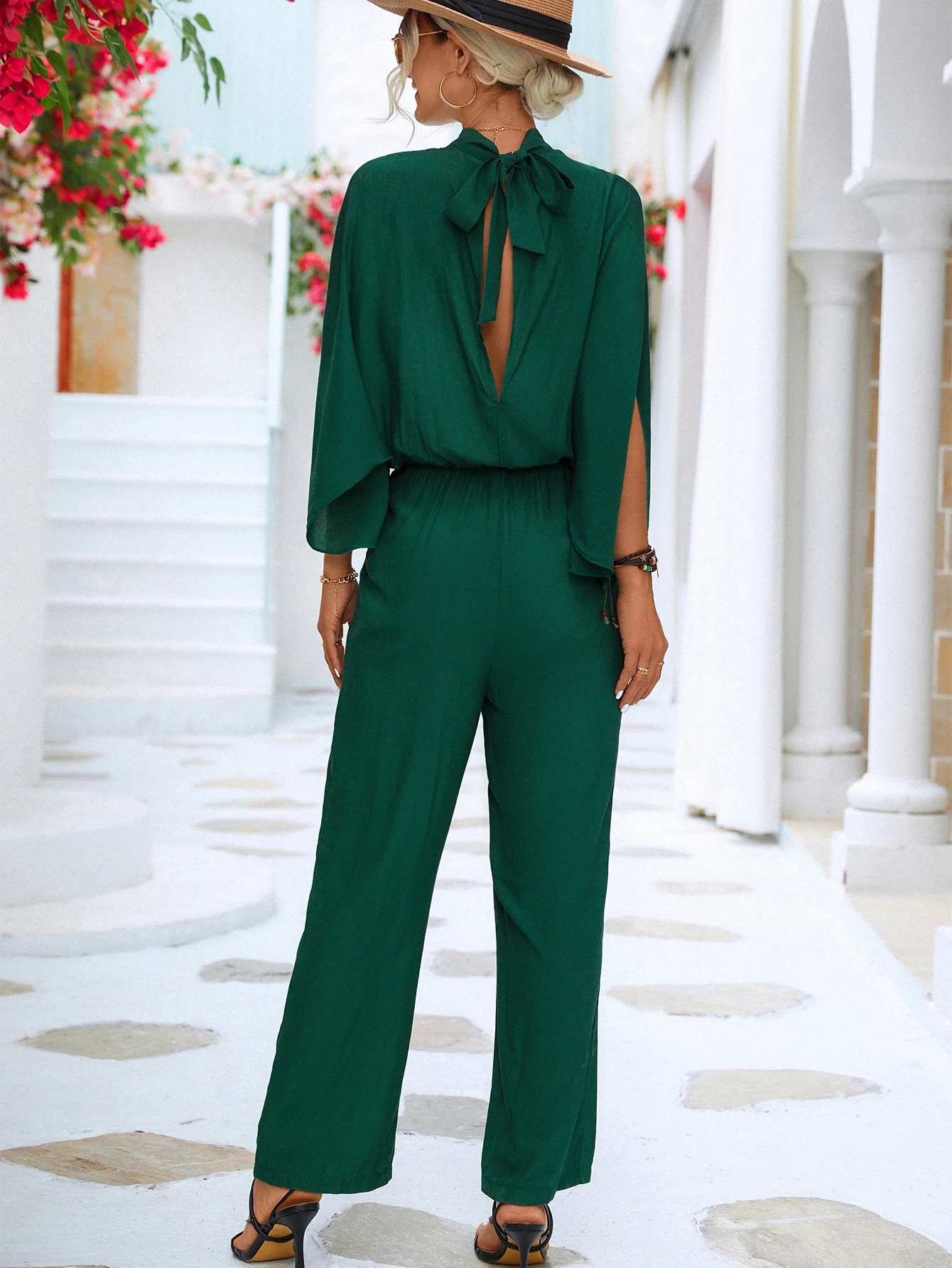 Chifirena Stand Collar Playsuit Women High Waist Solid Rompers Elegant Loose Black Green Overalls Casual Summer Jumpsuit