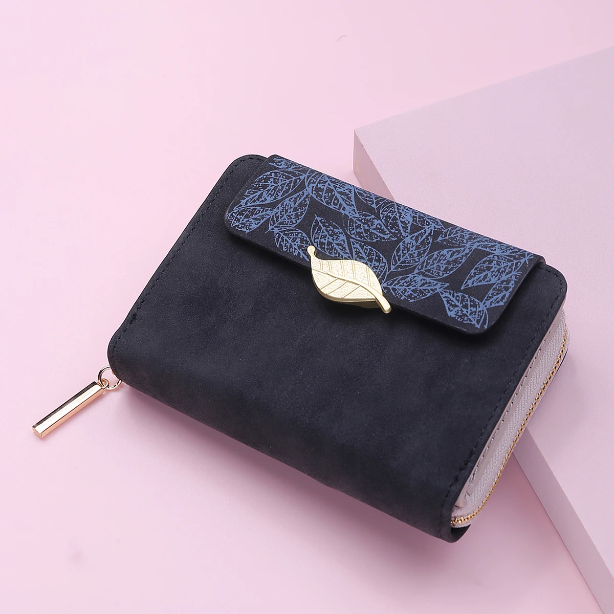 

Women Wallets New Luxury Brand Black Small Mini Coin Bag Leaves Hasp Card Holder Lady Buckle Female Leather Fold Purse