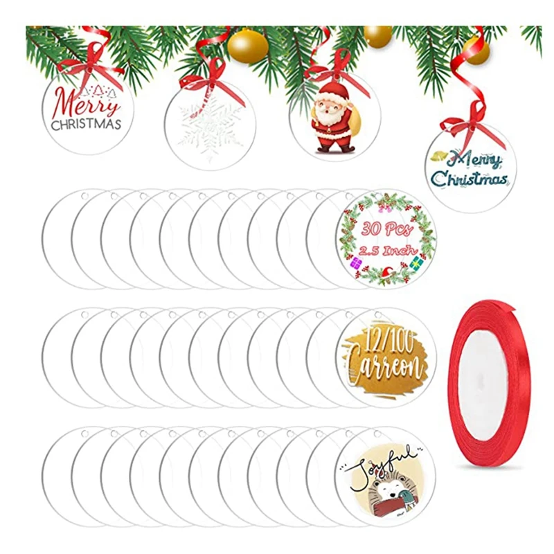 

30Pcs Acrylic Keychain Circle Blank With Hole Acrylic 0.080Inch 1/12 Inch Thick For Acrylic Red Ribbon For Xmas