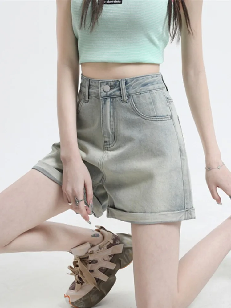 GUUZYUVIZ High Waist Pink Denim Shorts Female Casual Washed  Curl Wide Leg Jeans Shorts Women Loose Korean Fashion Short Pants