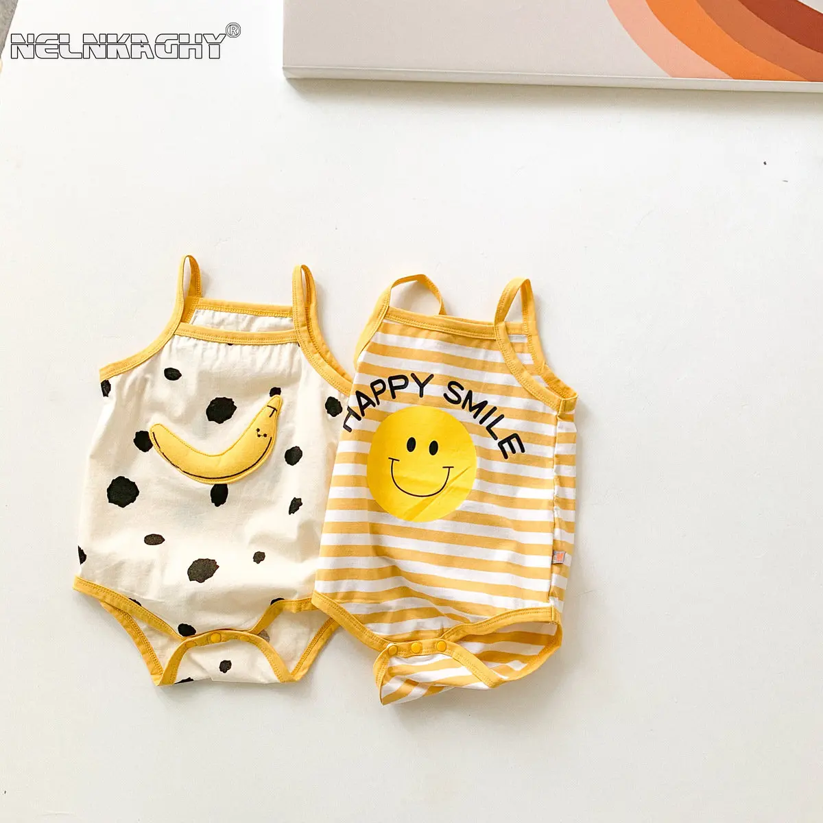 2023 NEW IN Summer Infant Newborn Boys Girls Sleeveless Sling Smile Print 3D Banana Outwear Jumpsuits Kids Baby Bodysuits