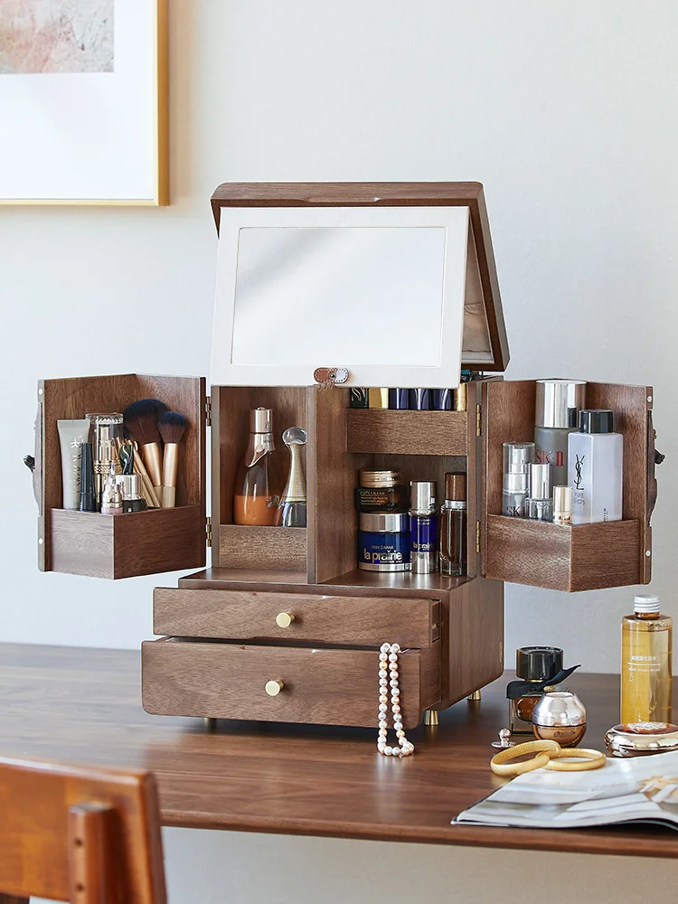 Косметическая коробка для хранения с зеркалом, интегрированным в деревянную настольную комоду большой вместимости для организации средств по уходу за кожей.