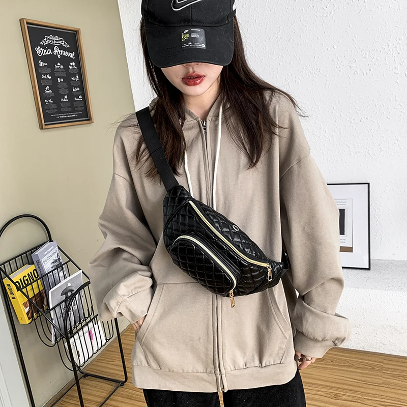 

2022 Casual Chest Bag For Women Pu Leather Lingge Thread Ladies Small Waist Bag Zipper Shoulder Messenger Bag Female Phone Purse