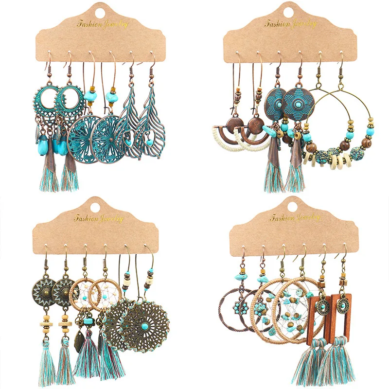 

Wholesale Ethnic Style Earrings Set Female Personality Retro Tassel Accessories Fashion Multi-to-One Card