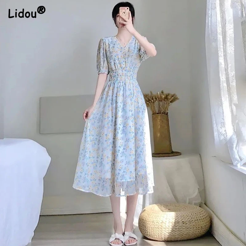 

Summer New Sweet Elegant Colorful Warm Color Floral Slender Cute Short Sleeve A-line Skirt Popularity Wild Women's Clothing 2022