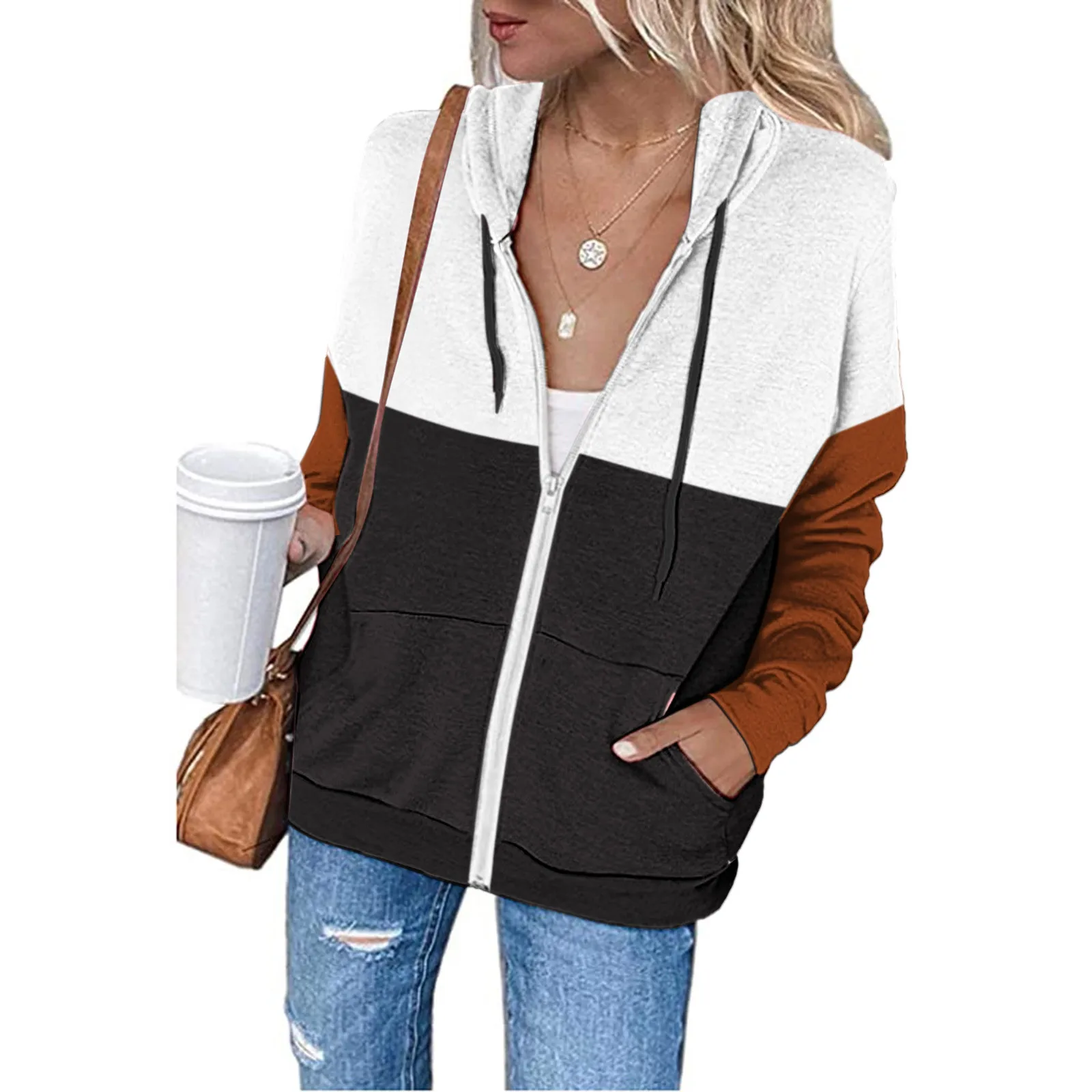 

Women's Fall Daily Splice Hooded Coat Casual With Pockets Drawstring Loose Work Jacket