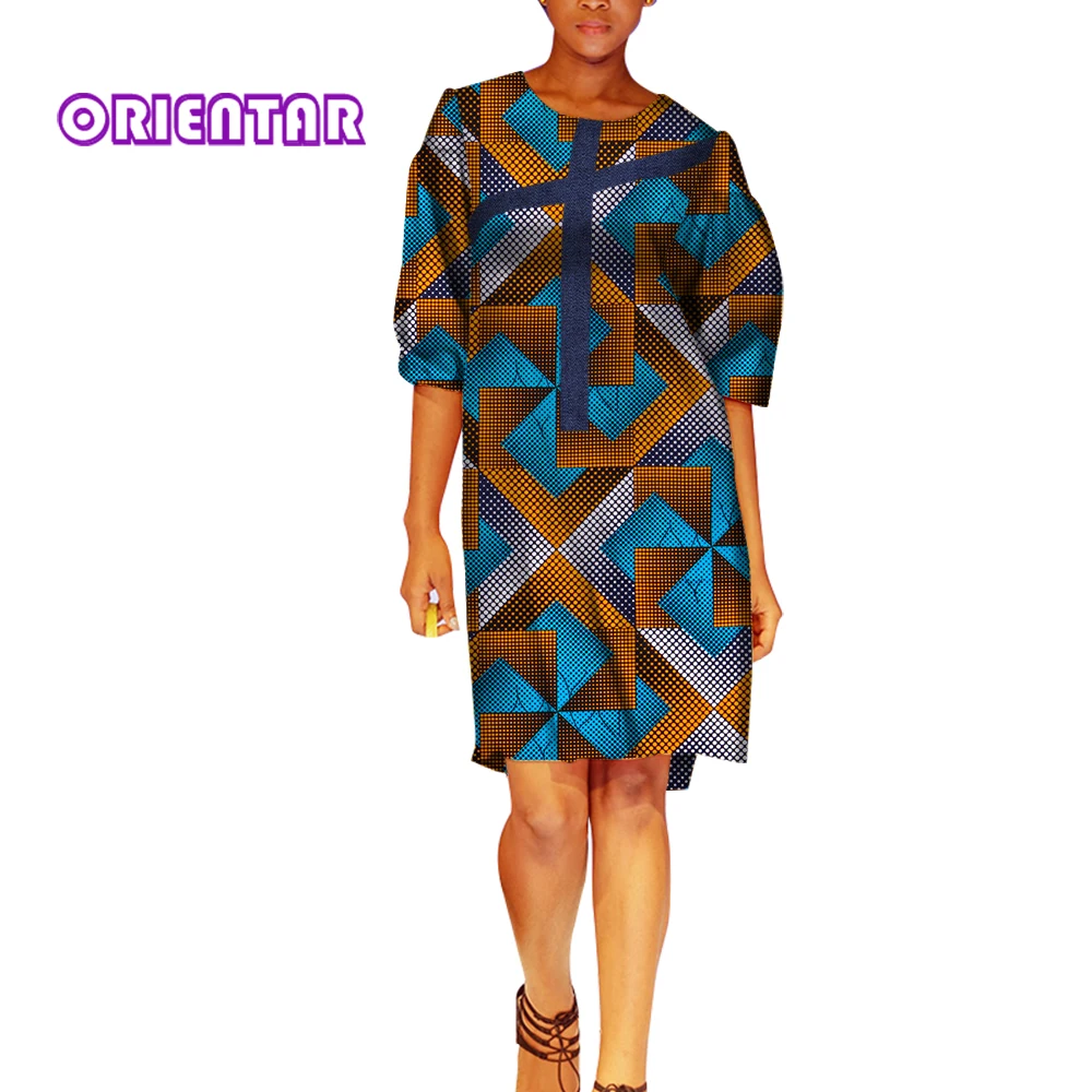 Casual African Dresses for Women Dashiki Dress Puff Sleeve Africa Bazin Riche Plus Size Lady Midi Ankara Dress Summer WY3746