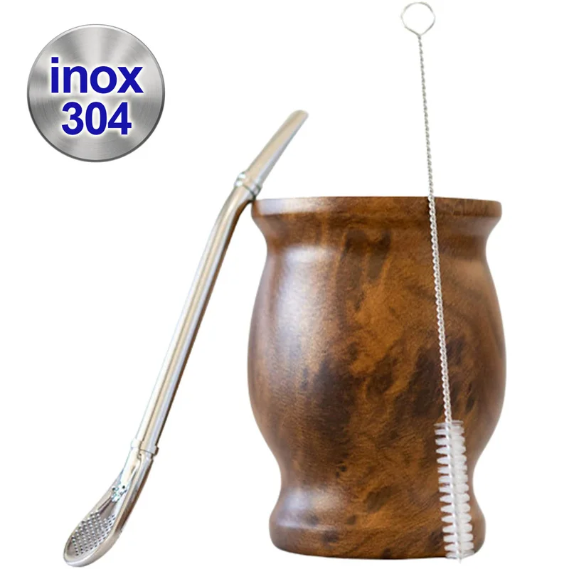 8oz Tea Yerba Mate Cup 304 Inox Double-Wall Insulated Vacuum Stainless Steel Mate Straw Tea Coffee Set With Spoon Brush Bombilla