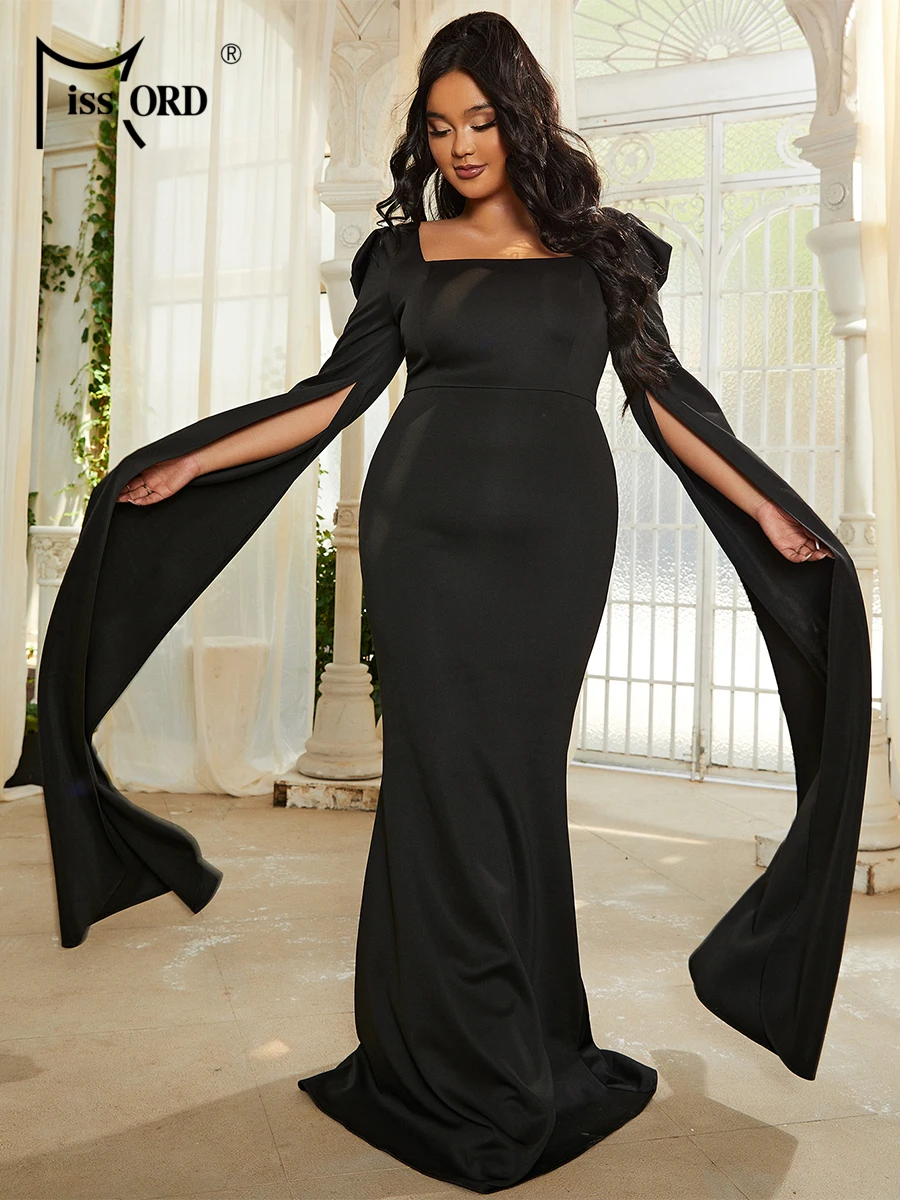 Miss Ord New Plus Size Women Black Evening Dresses Long Sleeves Slim Mermaid Hem Formal Dress Cocktail Party Prom Maxi Dress