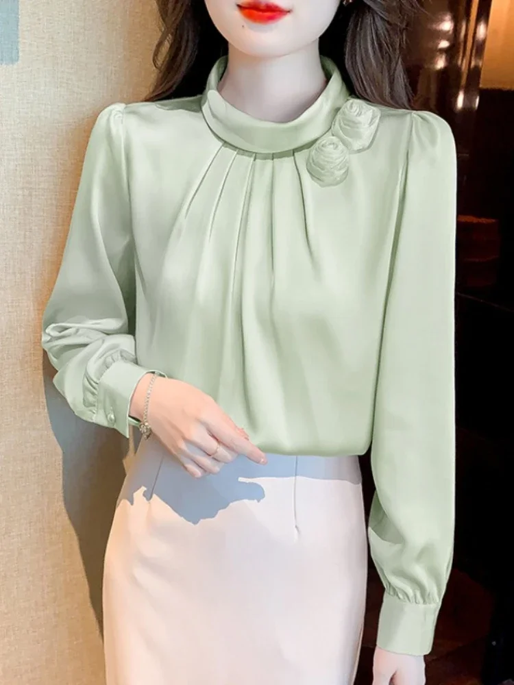 Элегантная атласная шифоновая рубашка осенняя Новинка 3D розовый топ с