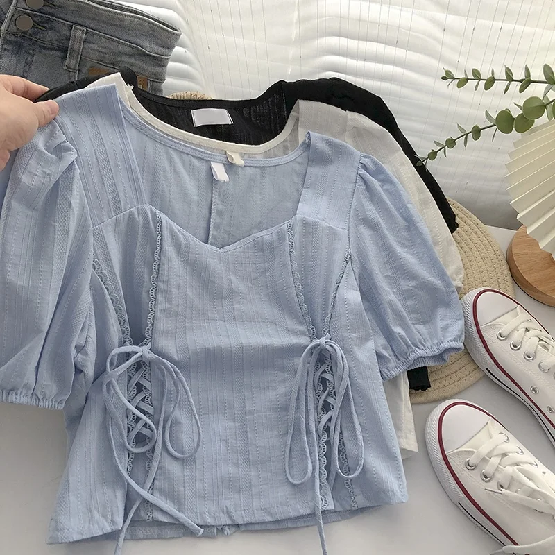 

2022 Summer Women Bubble sleeve lace-up top square collar short sleeves