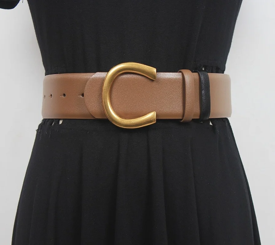 

High Quality Split Leather Female Waistband Vintage Letter C Buckle Leather Belt for Jeans Dress Simple Design Women Waist Belt