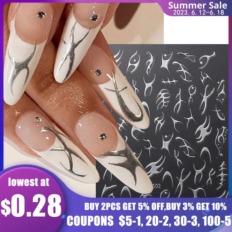 

3D Silver Flame Nail Sticker Gold Bronzing Stripe Lines Sliders For Nails Y2K Tribal Pattern Decals Love Heart Tattoos GLBTF-S